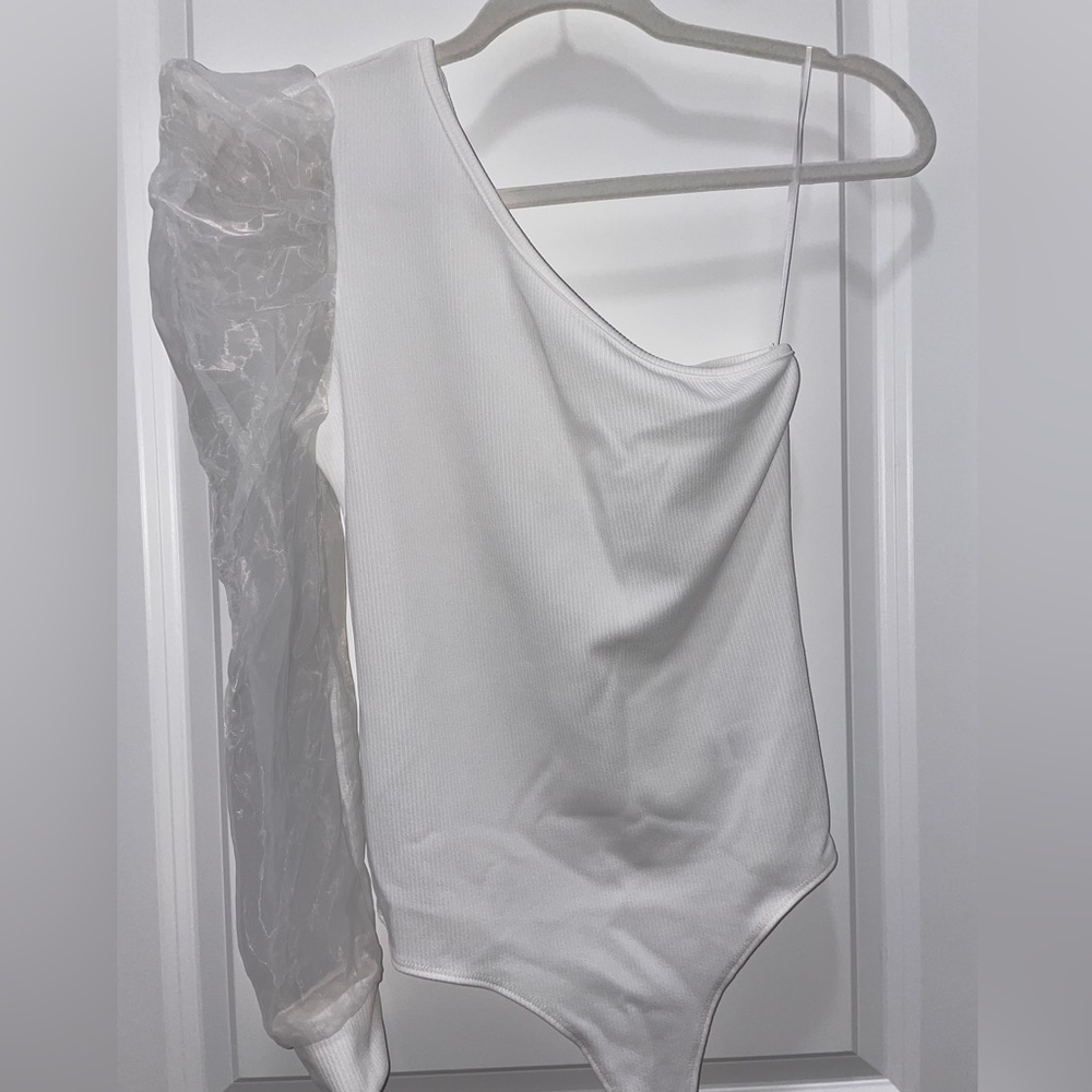 Pants Store White One Shoulder Sheer Bodysuit Size M
